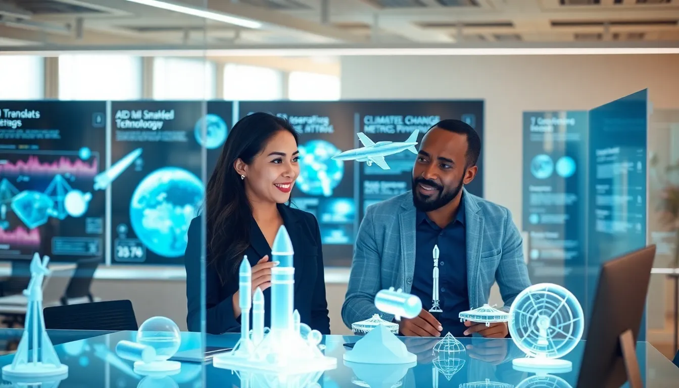 team of engineers collaborating on space technology innovations in a modern office.