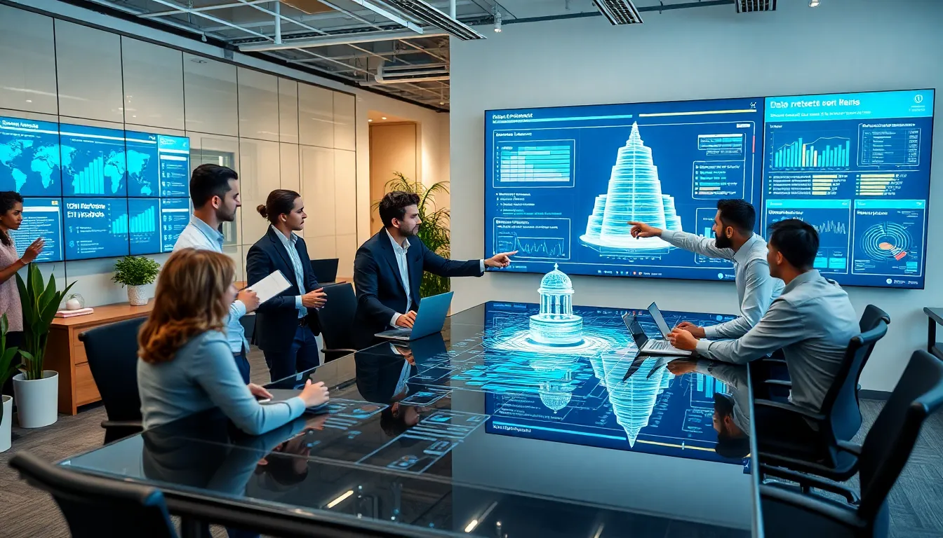 diverse IT team discussing computer security in a modern office.